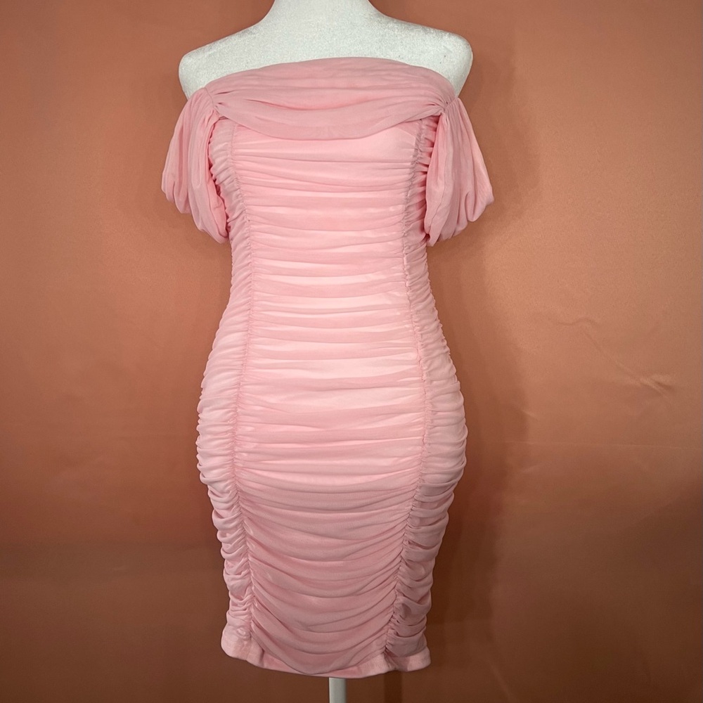 Pink Ruched Elegant Dress - Formal Spring Day Dress for Women - Picture 9 of 11